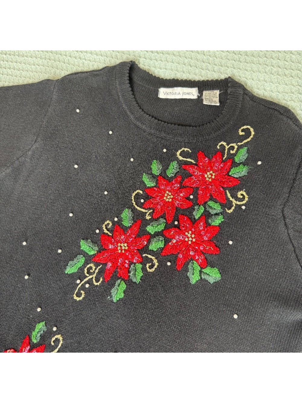 Vintage Victoria Jones Ugly Christmas Sweater Womens XL Embroidered Poinsettias